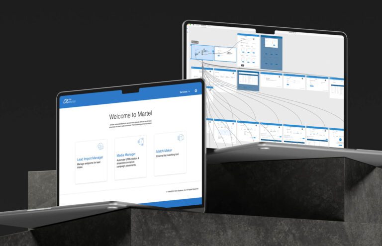 Laptop on Rocks showing Screen Mockups of Martel App