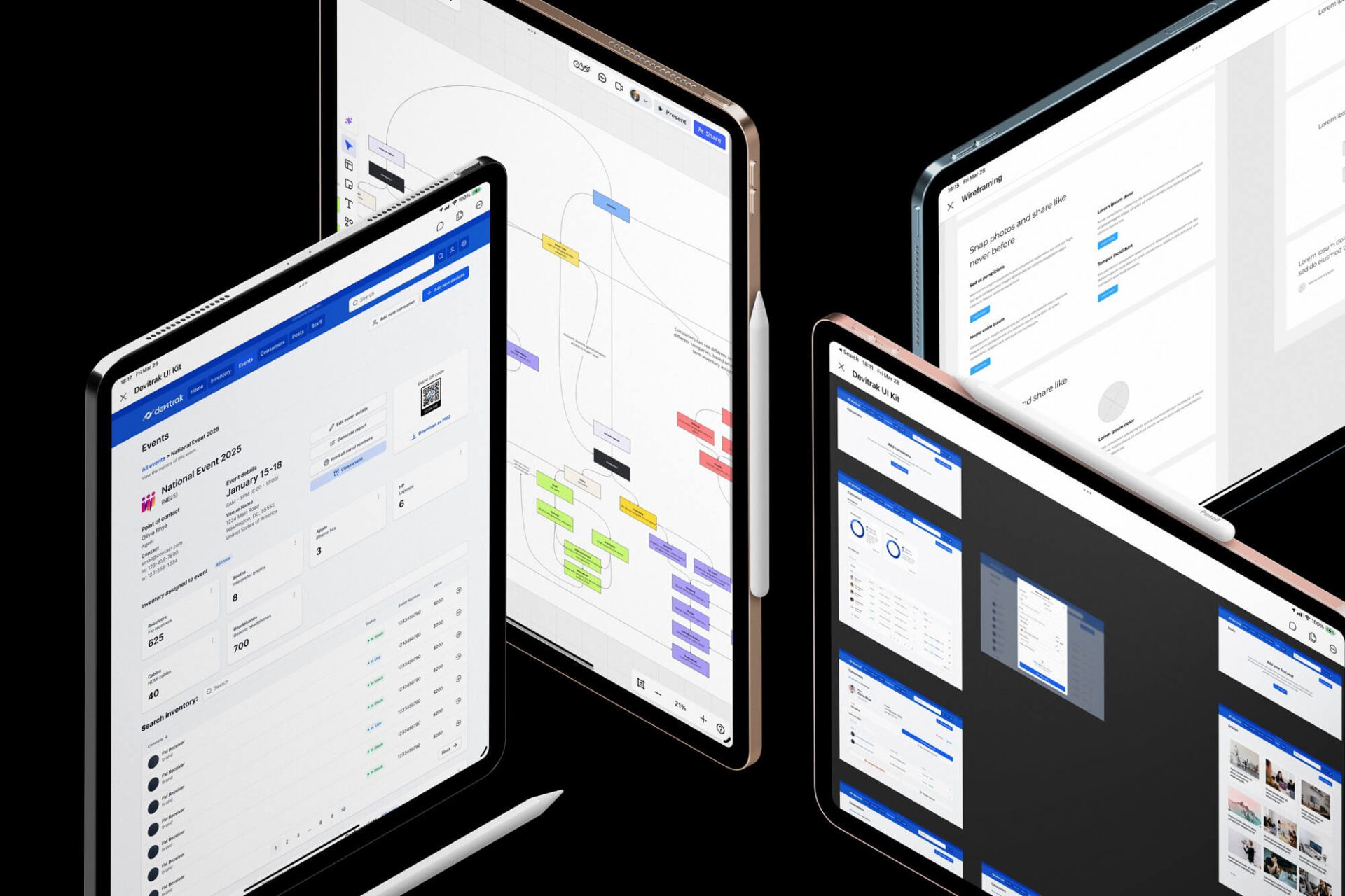 Four iPad mockups with the Devitrak app process