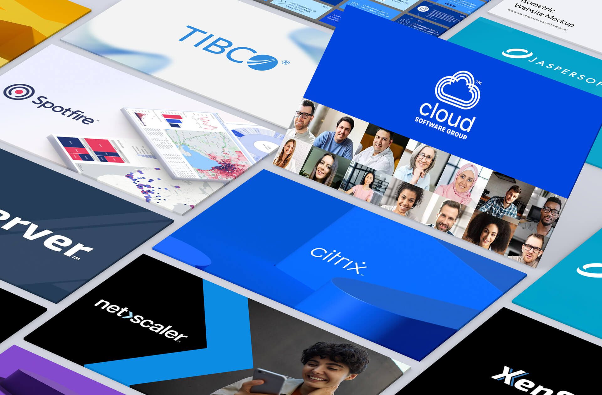 Isometric Mockups of Cloud Software Group Brands