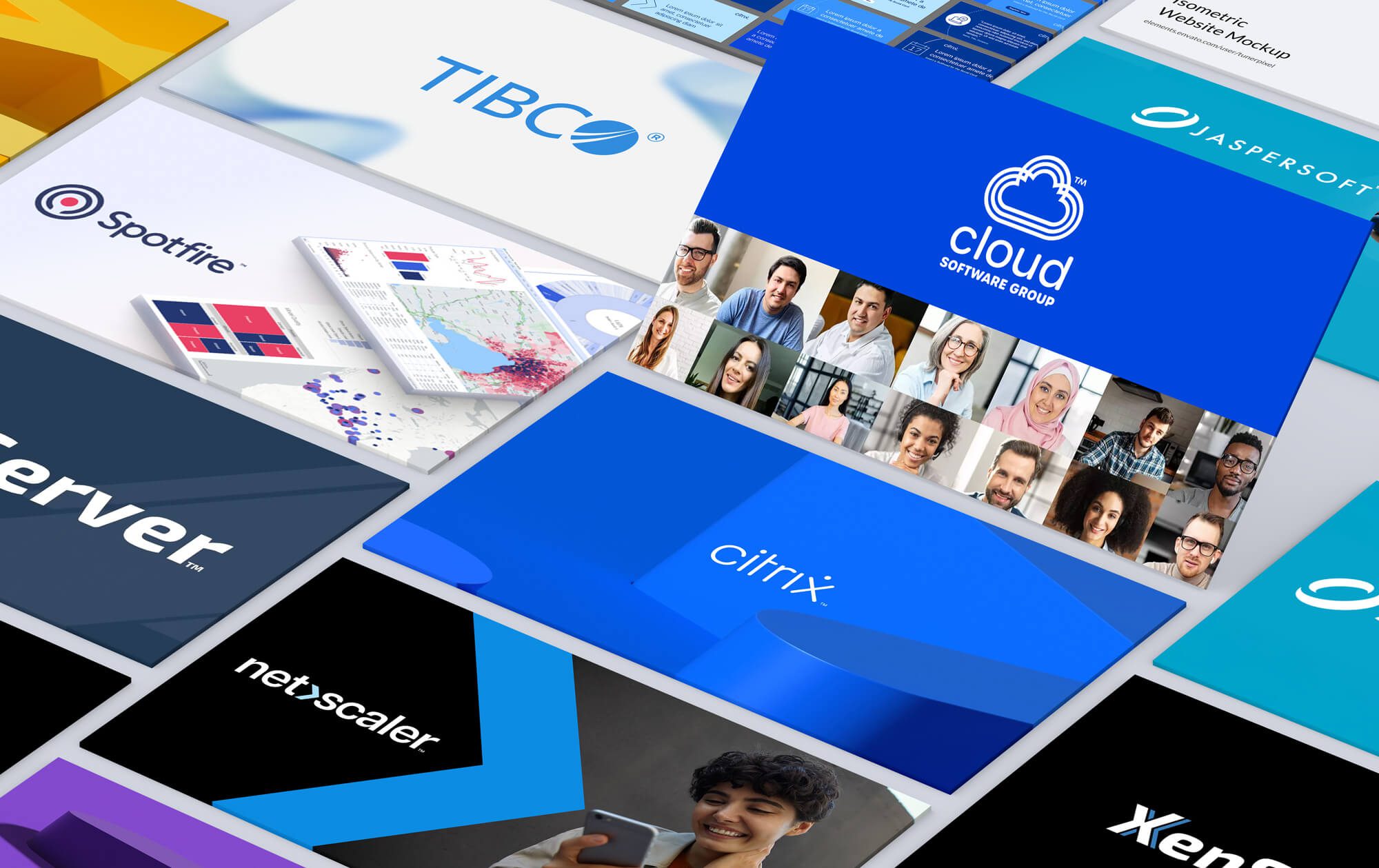 Isometric Mockups of Cloud Software Group Brands
